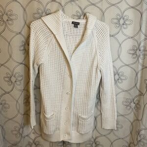Eddie Bauer Woman's White Open Knit Button-up Hooded Cardigan Size Small